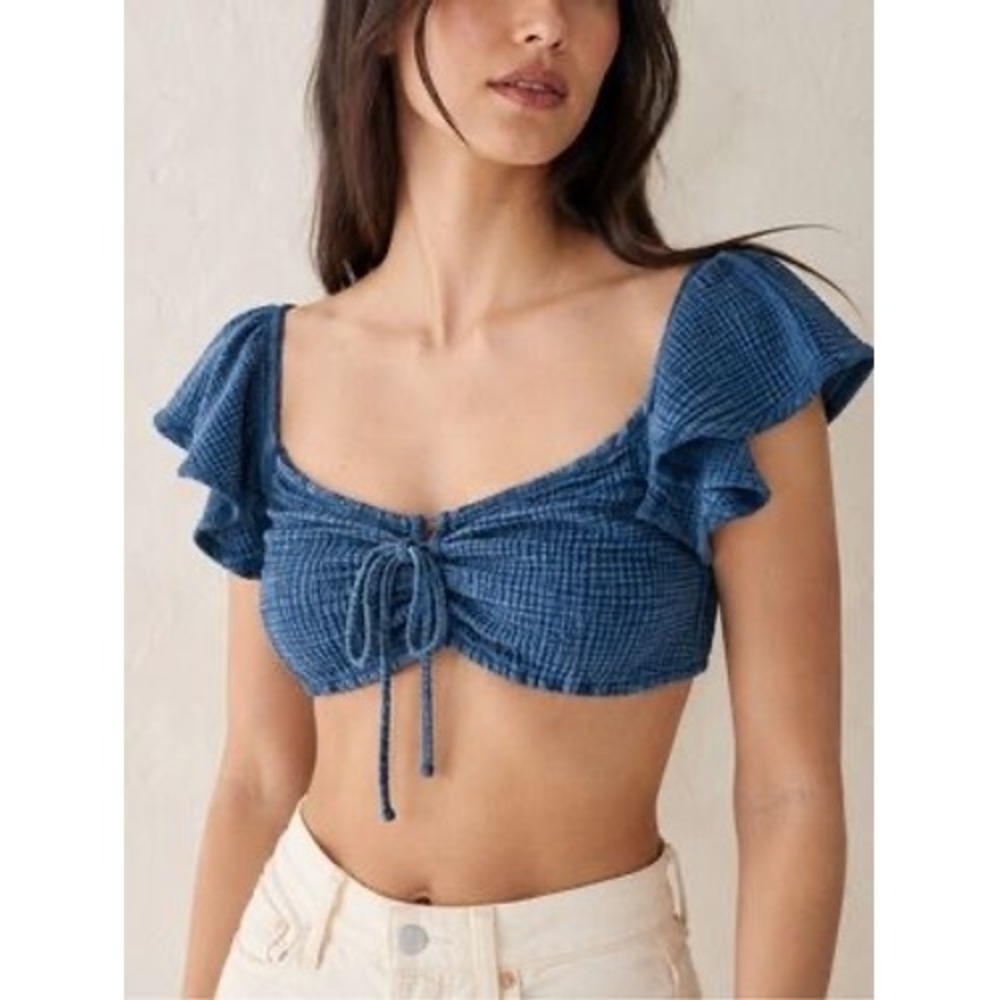 Anthropologie Daily Practice Blue Gauze Flutter Sleeve Crop Top XL 67821082